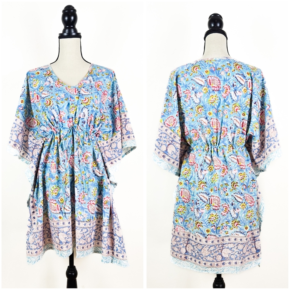 NWT Sevya Handmade Block-Printed Cotton Caftan, Blue and Pink - Picture 2 of 5